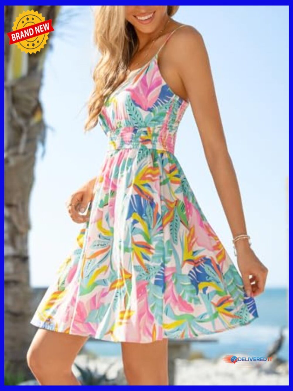 Tropical Floral Mini Sundress Smocked Bodice Adjustable Spaghetti Strap Boho - Picture 3 of 7